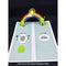 Card with a rainbow, sun, and frogs on a black background
