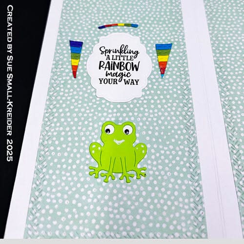 Green frog on a polka dot background with rainbow elements and text