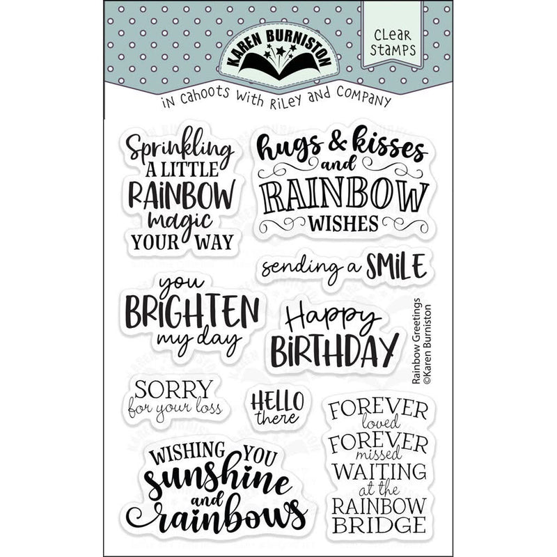 Clear stamps with various phrases on a white background