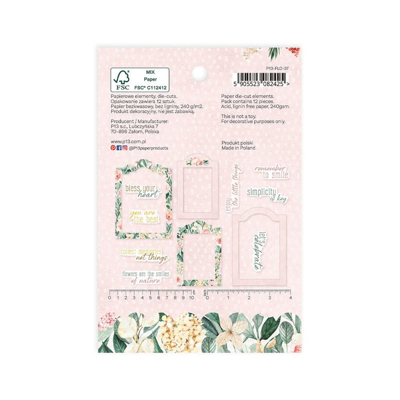 P13 Flowerish Ephemera Cardstock Die-cuts 12 pack  Frames & Words*