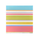 A square sheet of patterned paper with horizontal pastel stripes in blue, orange, white, pink, purple, olive green, yellow, and coral pink, shown on a white background.
