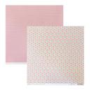 Two square sheets of patterned paper on a white background. The back sheet is light pink with white Polka dots, and the front sheet features a repeating pink, green, and white geometric medallion pattern with green glitter.