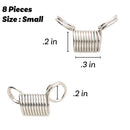 small silver metal spring clamps with attached jump rings, shown on a plain white background.