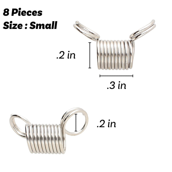 small silver metal spring clamps with attached jump rings, shown on a plain white background.