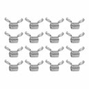 A set of 16 silver metal wing nuts arranged in a neat 4x4 grid on a plain white background.