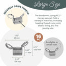 Product information graphic for a Beadsmith Spring-EEZ clasp in Large Size, showing a silver metal spring clasp with two loop ends, dimensions, a quantity badge of 16 PC, and text explaining thread compatibility.