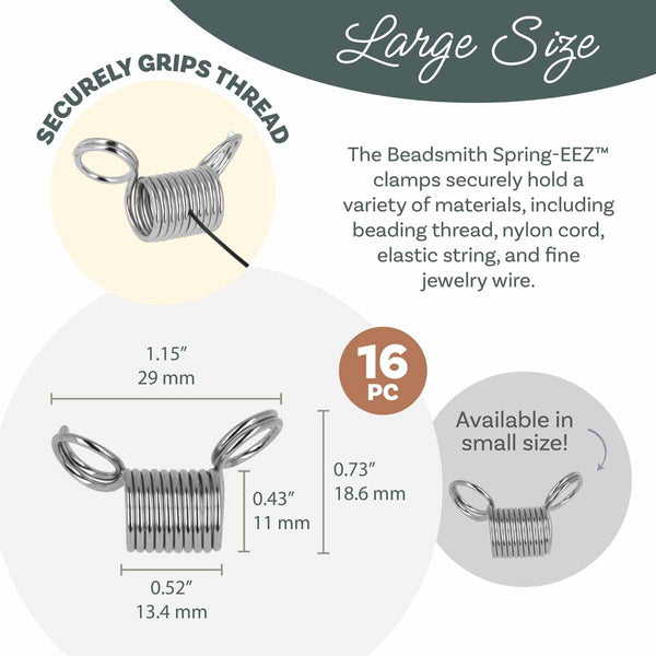 Product information graphic for a Beadsmith Spring-EEZ clasp in Large Size, showing a silver metal spring clasp with two loop ends, dimensions, a quantity badge of 16 PC, and text explaining thread compatibility.
