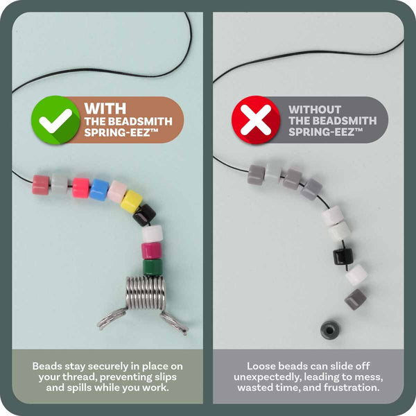 A split comparison graphic showing a beaded thread with a metal spring clasp at the bottom. The left panel is labeled 'WITH THE BEADSMITH SPRING-EEZ™' with a green check and shows the clasp holding the beads in place.