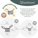 Product assortment graphic showing two sizes of silver-colored Beadsmith Spring-EEZ thread clamps with detailed measurements, alongside text describing secure thread gripping and a 20-piece set.