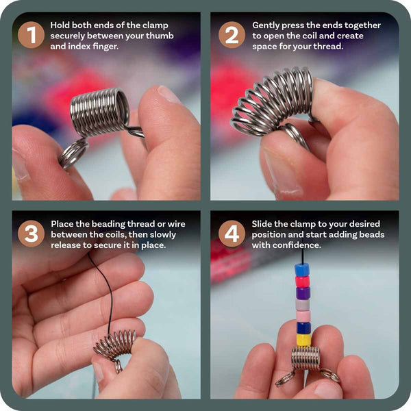 Four-panel instructional diagram showing how to use a metal coil bead clasp keychain. Step 1 shows holding the clasp between fingers.