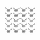A grid of 15 silver metal wing nut bolts arranged in a 5-by-3 layout on a plain white background.