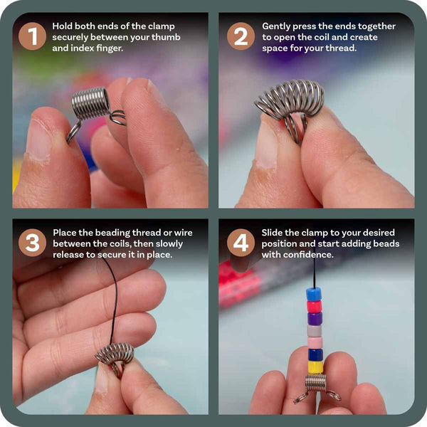 Four-step instructional graphic showing how to use a metal coil clamp for beading. The steps include holding the clamp between fingers, pressing the ends together to open the coil, placing thread or wire between the coils, and sliding the clamp to position it while adding beads.