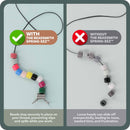 A split comparison graphic showing a beaded thread necklace. The left panel, labeled 'WITH THE BEADSMITH SPRING-EEZ™' with a green checkmark, shows colorful beads threaded on a black cord with a silver spring clasp at the bottom.
