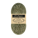 A single skein of Scheenjes Stone Washed XL yarn in a heathered olive green color, featuring a beige paper label with black text, set against a plain white background.