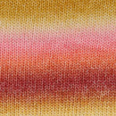 Close-up of a knitted fabric texture with horizontal color bands fading from mustard yellow at the top to peach, pink, coral, and deep red at the bottom.