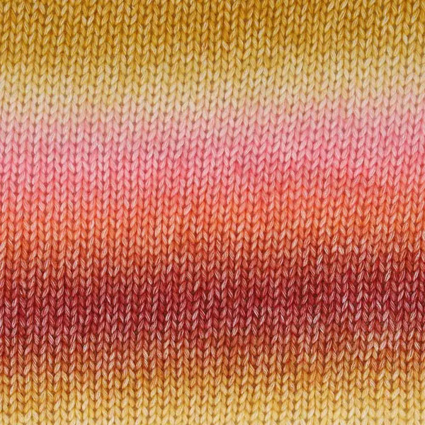 Close-up of a knitted fabric texture with horizontal color bands fading from mustard yellow at the top to peach, pink, coral, and deep red at the bottom.