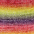 Close-up of a knitted fabric with horizontal rainbow stripes in red, orange, yellow, green, gray, purple, and pink, showing the knit texture in detail.