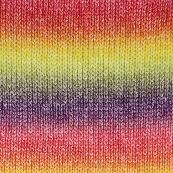 Close-up of a knitted fabric with horizontal rainbow stripes in red, orange, yellow, green, gray, purple, and pink, showing the knit texture in detail.