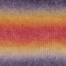 Close-up of a knitted fabric with horizontal stripes in purple, cream, yellow, orange, and red, showing the knit texture in detail.