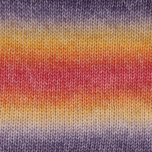 Close-up of a knitted fabric with horizontal stripes in purple, cream, yellow, orange, and red, showing the knit texture in detail.