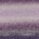 Close-up of a knitted fabric with horizontal stripes fading from white at the top through light purple and mauve to dark purple at the bottom.