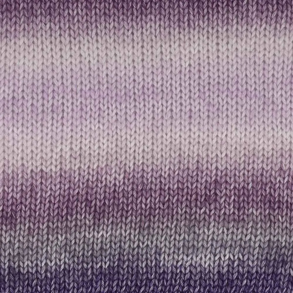 Close-up of a knitted fabric with horizontal stripes fading from white at the top through light purple and mauve to dark purple at the bottom.