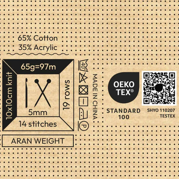A flat product information graphic for Aran weight knitting yarn. The design shows a tan knitted fabric texture background with black stitch marks, text stating '65% Cotton 35% Acrylic', a black box with a pair of knitting needles and '10x10cm knit', '19 rows', '5mm', and '14 stitches'.