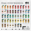 A color chart grid for Scheepjes Stone Washed XL yarn, showing many color options with swatches and names such as Azure, Bronze, Coral, Deep Forest, and more. The chart includes the Scheepjes logo, product name, shade numbers, and a small product info box at the bottom right.