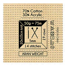 A square knitting needle gauge card for Aran weight yarn, made of 70% cotton and 30% acrylic. The card features a tan grid with black printed text and symbols detailing the needle size (5mm, 14 stitches, 19 rows) and care instructions.