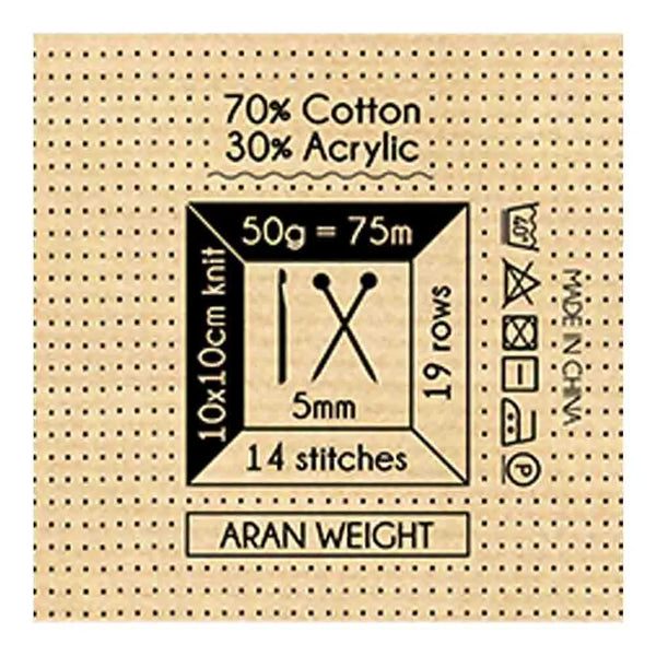A square knitting needle gauge card for Aran weight yarn, made of 70% cotton and 30% acrylic. The card features a tan grid with black printed text and symbols detailing the needle size (5mm, 14 stitches, 19 rows) and care instructions.