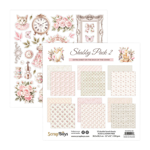 Scrapbooking paper pack with floral and vintage designs on a white background