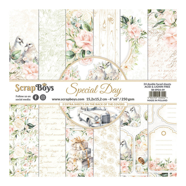 Scrapbooking paper pack with floral and vintage designs, featuring the brand 'Scrap Boys'.