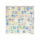A square sheet of patterned scrapbook stickers featuring a retro mid-century modern geometric design with stripes, circles, and blocks in shades of blue, beige, and gray on a cream background.