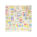 A sheet of scrapbook stickers featuring a colorful retro geometric pattern with stripes, circles, and blocks in pastel yellow, blue, pink, and green on a cream background. The brand name 'simple sets' is visible at the top.