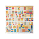 A sheet of alphabet stickers featuring a retro mid-century modern geometric pattern with blocks, stripes, and dots in yellow, orange, pink, blue, and green on a white background.