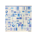 A sheet of Simple Sets Synergy Cardstock Alphabet Stickers featuring a geometric pattern of blue, purple, and white rectangles, circles, and stripes on a cream-colored background.