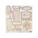 A sheet of scrapbook paper featuring retro summer-themed elements including a pink sun sign, a lined note card, a vertical label block, a circular 'girls just wanna have fun' sticker, and pastel floral accents on a cream background.