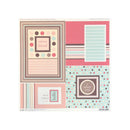 A square scrapbook card or journaling sticker sheet featuring pastel pink, mint green, and brown decorative panels with text elements including 'sweet friend,' 'we're tickled pink!', 'hello,' and 'i adore you,' shown on a white background.
