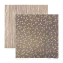 Two square sheets of patterned paper shown on a white background. The front sheet has a medium brown base with a scattered print of pinecones  with glitter dots and pine needles in muted green and beige.