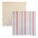 Two sheets of patterned scrapbook paper displayed on a white background. The top-left sheet features a multicolor small flower pattern on a soft yellow  base, and the bottom-right sheet features vertical stripes in pink, blue, green, and beige tones.