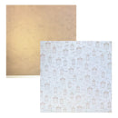 Two square sheets of patterned paper shown on a white background. The top-left sheet is a solid textured metallic Bronze. Bottom Right Shimmer Sky blue with brown birds and cages.