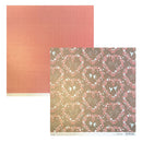 Two square paper sheets one is textured dusty rose pink, and the other is a brown patterned sheet featuring repeating heart-of-diamond floral motifs with small white birds.