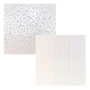 Two square swatches of light-colored patterned material on a white background. The upper swatch has a repeating floral motif in pale gray and off-white, and the lower swatch has vertical dotted lines in a very light grey and cream tone.