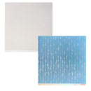 Two square sheets of patterned paper on a white background. The top sheet is light grey with a subtle repeating circle motif, and the bottom-right sheet is teal with vertical silver foil wavy lines and circle accents.