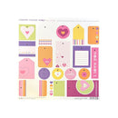 A sheet of Valentine's Day themed die-cut tags from Cupid's Candy Shop, featuring various colorful tags with heart, candy, and striped patterns on a white background.