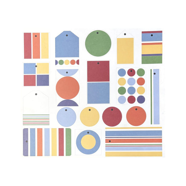 A sheet of colorful paper craft tags and labels with various geometric shapes, stripes, and solid blocks in multiple pastel and bright colors, arranged on a plain white background.