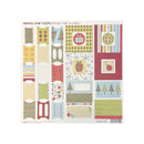 A sheet of scrapbook stickers with multiple holiday-themed patterned tabs and labels, including stripes, polka dots, snowflakes, gift boxes, Christmas trees, and blank label sections.