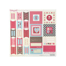 A sheet of scrapbooking stickers featuring Valentine's Day themed designs, including hearts, polka dots, labels, and decorative text in pink, red, blue, and gray.