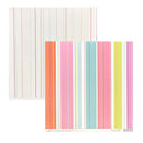 Two sheets of patterned paper with vertical multicolor stripes, one with thin pastel lines and one with bold stripes in orange, coral, pink, light blue, yellow, and purple, shown on a white background.