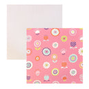 Two square sheets of patterned paper on a white background. The back sheet has thin vertical pink and white stripes, and the front sheet has a pink base with colorful floral and botanical motifs in orange, yellow, green, purple, and blue.